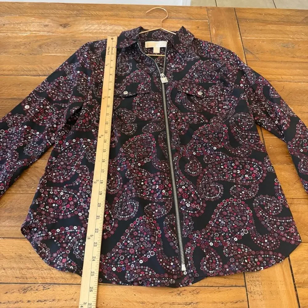 Michael Michael Kors Black and Red Floral Zip-Up Shirt - Picture 5 of 6